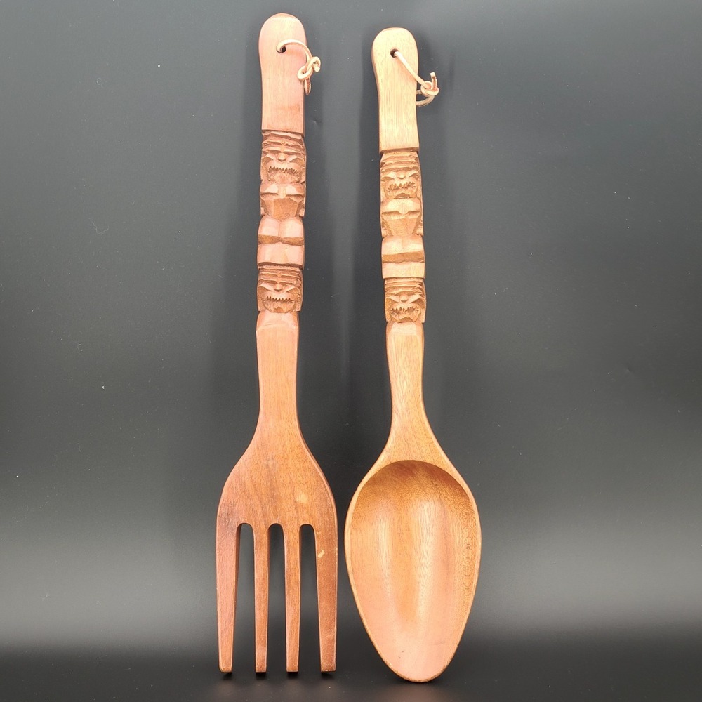 Vintage Tiki Large Hand Carved Wooden Spoon & Fork 22" Wall Decor Art